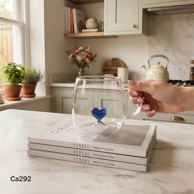 Taza cristal transparente corazon azul 400ml